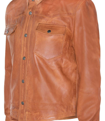Mens Retro Leather Shirt Jeans Jacket-Beijing - Tan