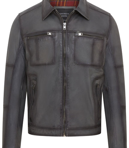 Men's Vintage Classic Short Soft Leather Biker Jacket - Grey
