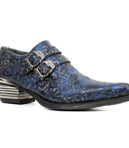 New Rock Vintage Blue Floral Leather Buckle Shoes-7960-S7