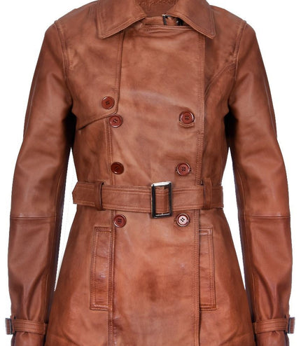 Womens Nappa Leather Trench Coat-Mosul - Tan
