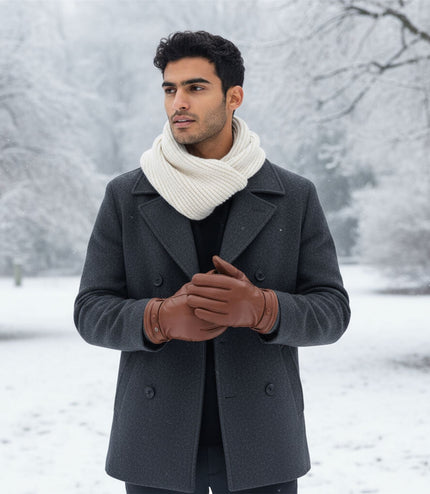 Men's Tan Brown Italian Leather Warm Wool Lining Winter Knit Rib Gloves - M-LGV-105