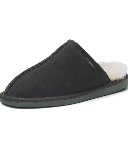 Men's Genuine Sheepskin Olive Green Suede Mule Winter Warm Non-Slip - Highland