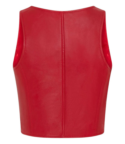 Womens Red Leather Waistcoat Biker Vest - MAM-WC