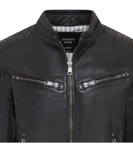 Men's Modern Classic Leather Quilted Biker Jacket - Derry - Black