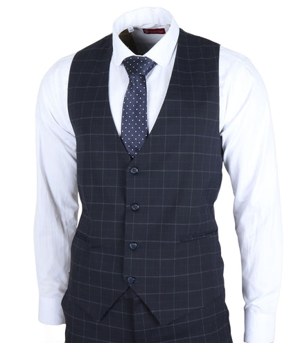 Men's Navy Checked 3 Piece Suit Tailored Fit