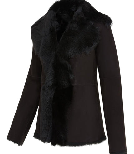Women's Black Sheepskin Toscana Shearling Suede Leather Jacket - Noir