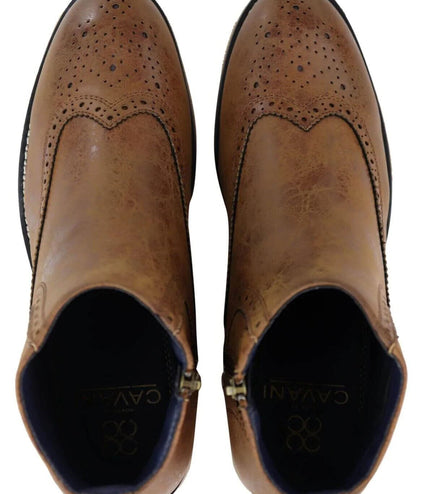 Mens Tan Leather Brogue Zip Up Chelsea Boots