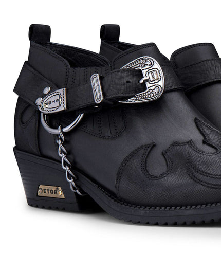 Men's Black Leather Metal Chain Winklepicker Cowboy Boots