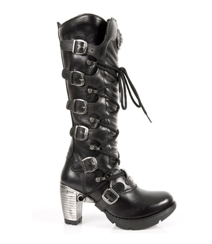 New Rock Ladies Black Buckle Laced Knee-High Boots - TR004-S1