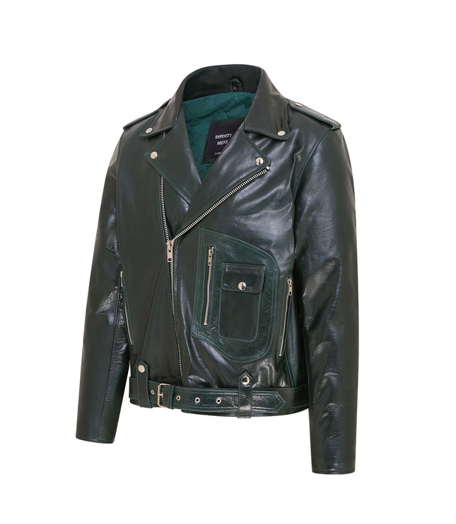 Mens Retro Brando Quilted Leather Biker Jacket Vintage Motorcycle Style - Green