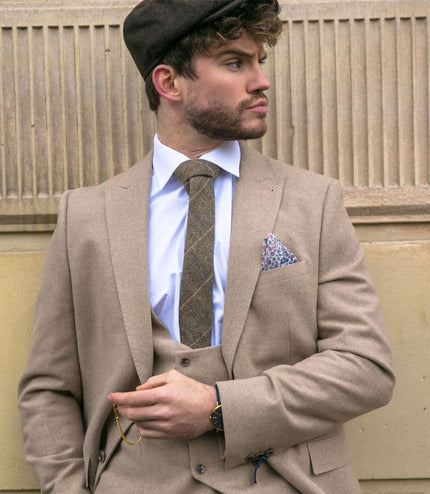 Mens Tweed 3 Piece Beige Formal Wedding Suit