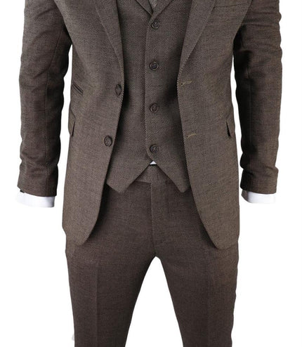 Mens Brown 3 Piece Tweed Herringbone Suit Peaky Blinders Classic Tailored