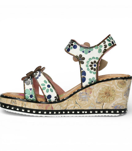 Laura Vita Women's Ballon 08 Beige Floral Leather Wedge Espadrille Sandals