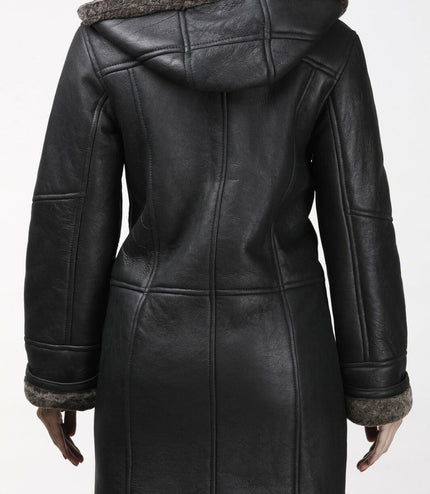 Womens Black Shearling Hooded Duffle Coat-Lille