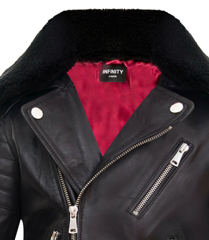 Kids Boys 100% Leather Detachable Collar Biker Jacket