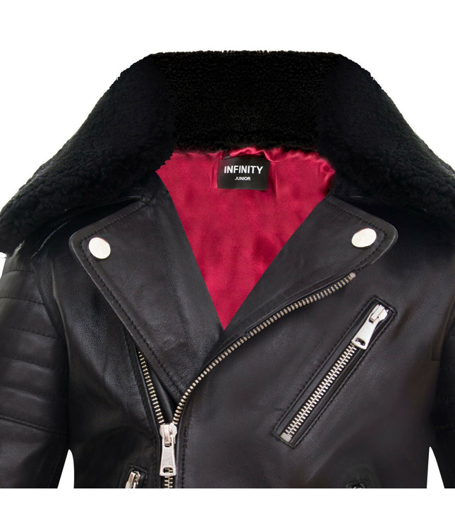 Kids Boys 100% Leather Detachable Collar Biker Jacket