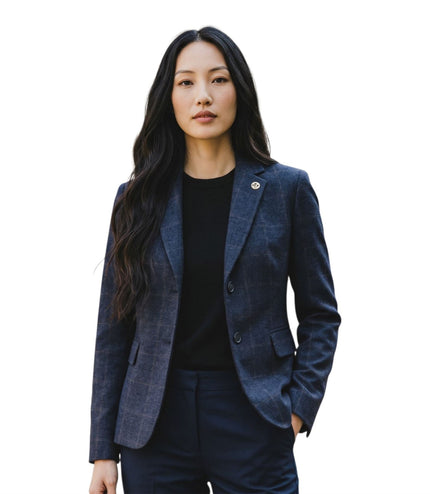 Women's Navy 2 Piece Check Formal Tweed Blazer & Waistcoat Set - TPSTZ-7