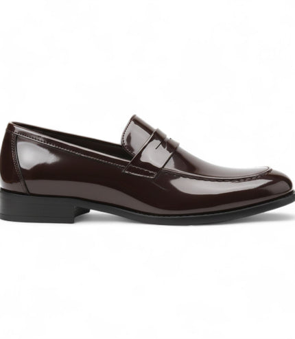 Mens Brown Patent Faux Leather Formal Penny Loafers