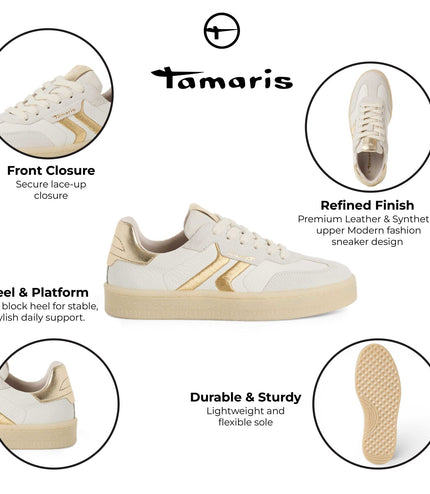 Tamaris Women's White Leather Golden Stripes Trainers Sneaker Shoes