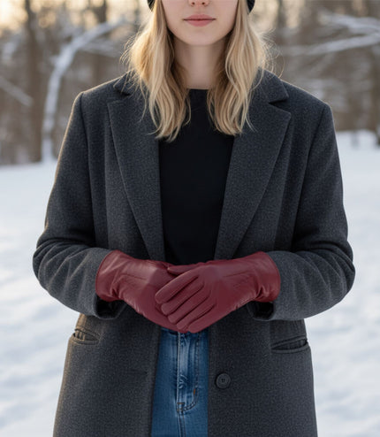 Womens Red Italian Leather Winter Stitch Line Design Soft Wool Lining Gloves - L-GLV-301