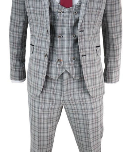 Mens 3 Piece Grey Check Retro Vintage Classic Suit