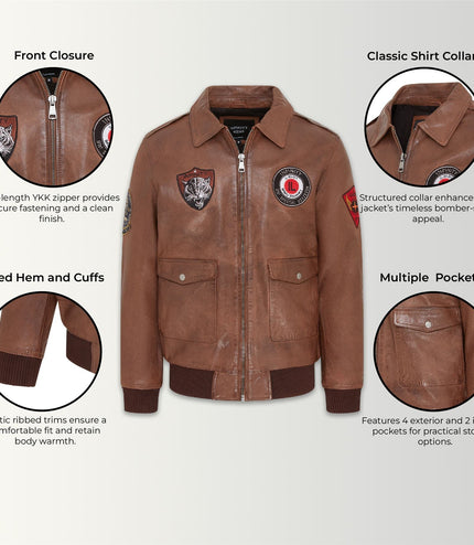 Men's Tan Brown Leather Bomber G-1 Aviator Collar Jacket  - Maverick