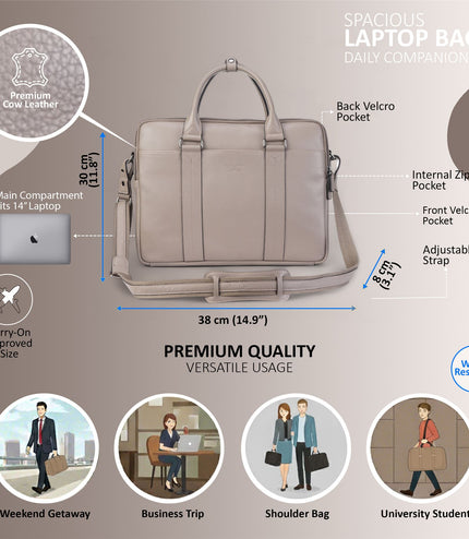 Genuine Leather Grey Laptop Business Briefcase Office Work Travel Bag - Sutton