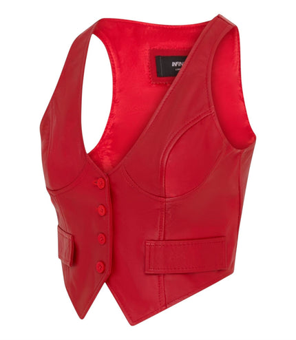 Womens Red Leather Waistcoat Biker Vest - MAM-WC
