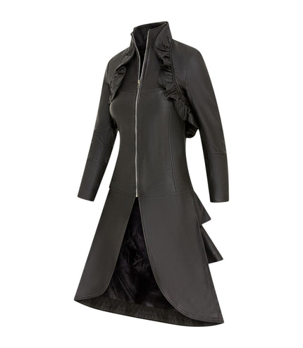 Womens Goth Black Leather High Collar Victorian Flare Tailcoat - Challa