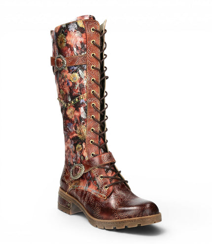 Laura Vita Women's Victorian Floral Maroon Leather High Lace-Up Long Boots - Cocrailo-82