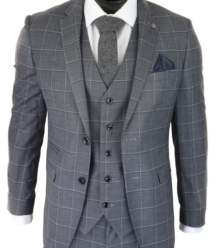 Mens Grey Suit 3 Piece Check Vintage Retro Smart Wedding Classic Tailored Fit