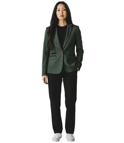 Women's Green Check Wool Blend Herringbone Tweed Tailored Blazer - Caridi