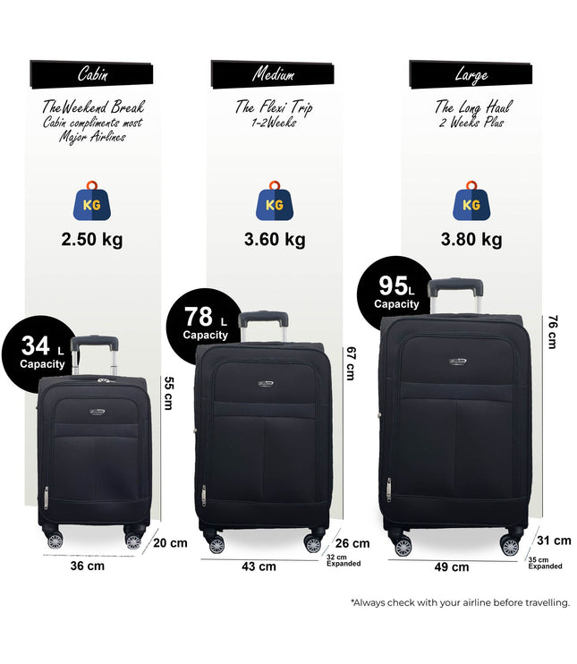 Forbes Set of 3 Soft Shell Suitcase in Black