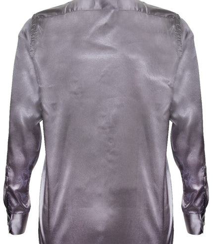 Mens Silver Satin Silk Shirt Smart Casual Button Down Cuff Tailored Fit