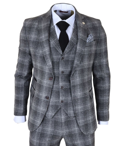 Men's Formal Grey Tweed  3 Piece Check Vintage Gatsby Style Suit
