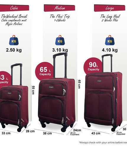 Tahara Set of 3 Soft Shell Suitcase in Wine
