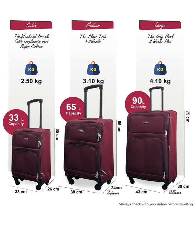 Tahara Set of 3 Soft Shell Suitcase in Wine