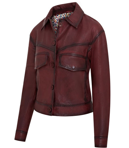 Womens Vintage Classic Lamb Leather Collared Biker Jacket - Ox Red