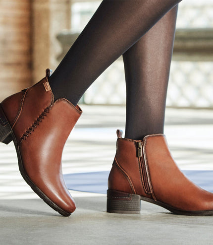 Pikolinos Women's Cuero Brown Leather Zip Heel Ankle Boots - Malaga