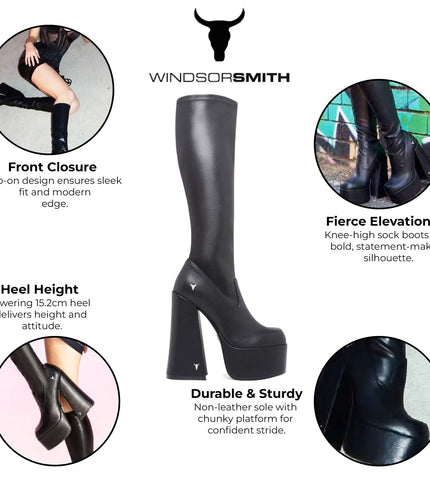 Windsorsmith Womens Black Knee-High Sock Platform Goth Heel Boots - Survival