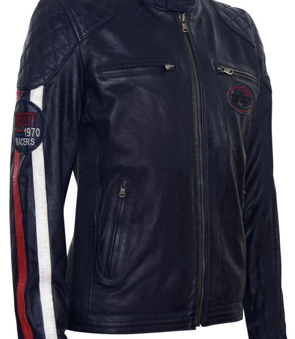Men's Classic Striped Racing Leather Jacket- Barcelona - Navy