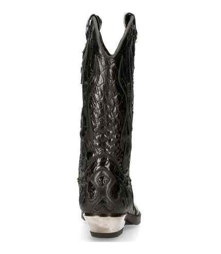 New Rock Flame Accented Black Leather Biker Cowboy Boots- M-7921-S1