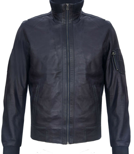 Mens Leather Varsity Bomber Jacket-Adana - Navy