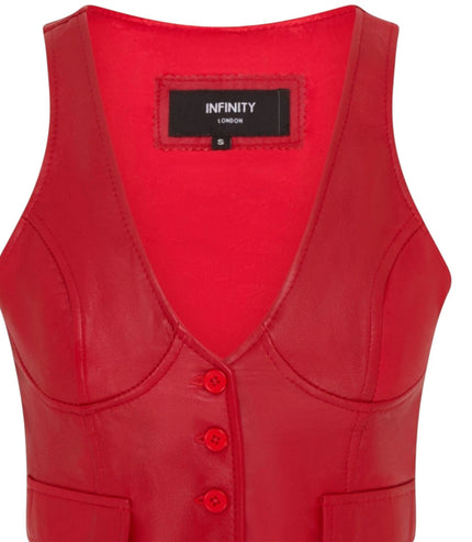 Womens Red Leather Waistcoat Biker Vest - MAM-WC