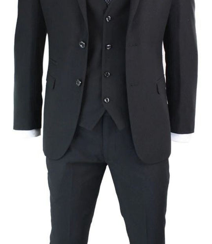Mens 3 Piece Plain Black Classic Retro Suit