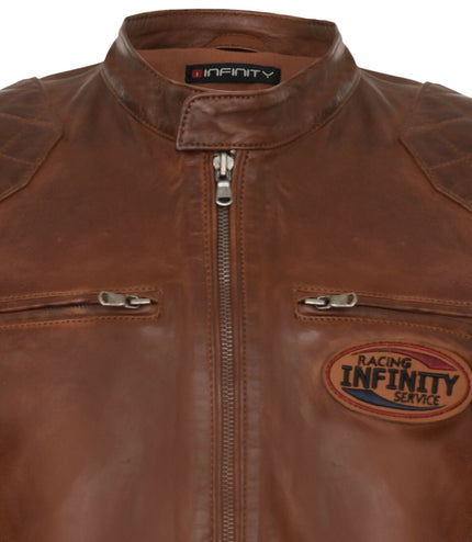 Men's Classic Striped Racing Leather Jacket- Barcelona - Tan
