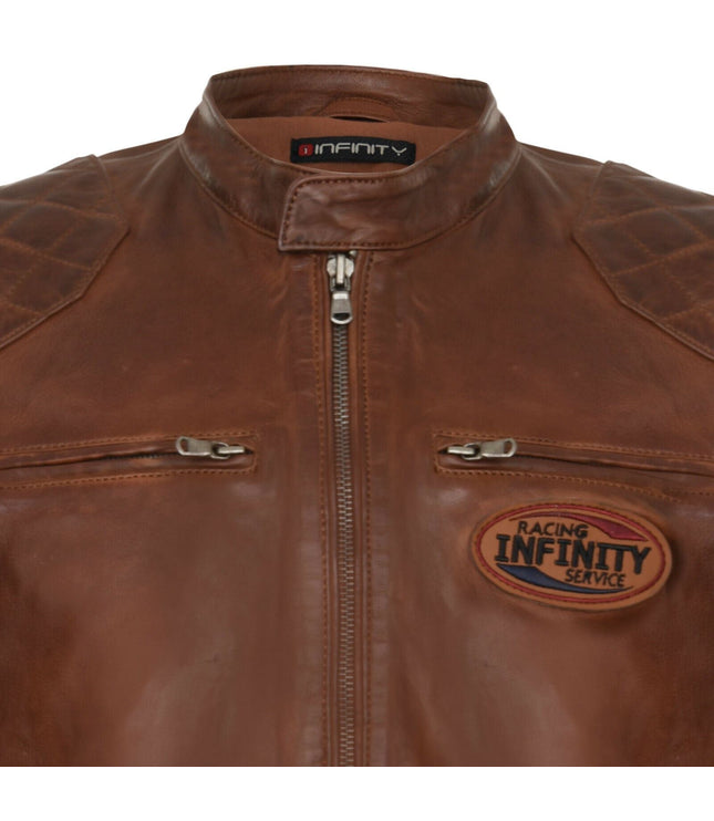 Men's Classic Striped Racing Leather Jacket- Barcelona - Tan