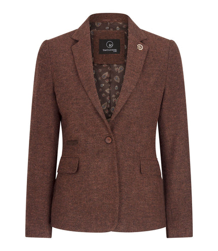 Women's Rust Brown Herringbone Wool Tweed Check Blazer