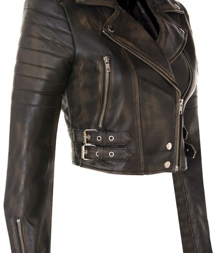 Womens Cropped Brando Leather Biker Jacket-Damascus - Vintage Black