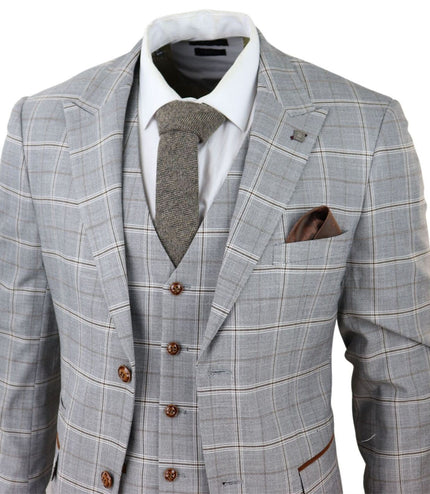 Mens Light Grey 3 Piece Velvet Trims Tailored Fit Suit